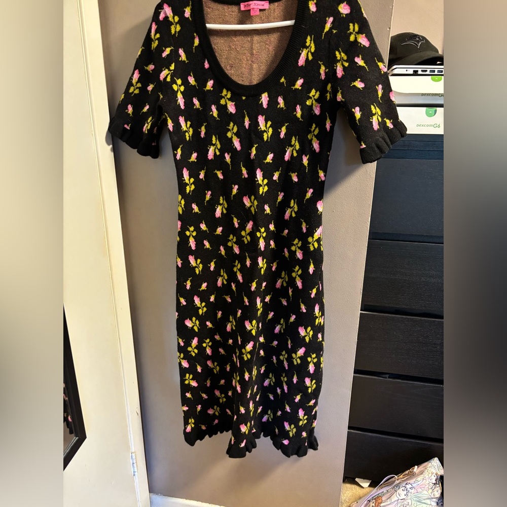 Betsey Johnson Black Mini Dress with Pink and Yellow Floral Pattern